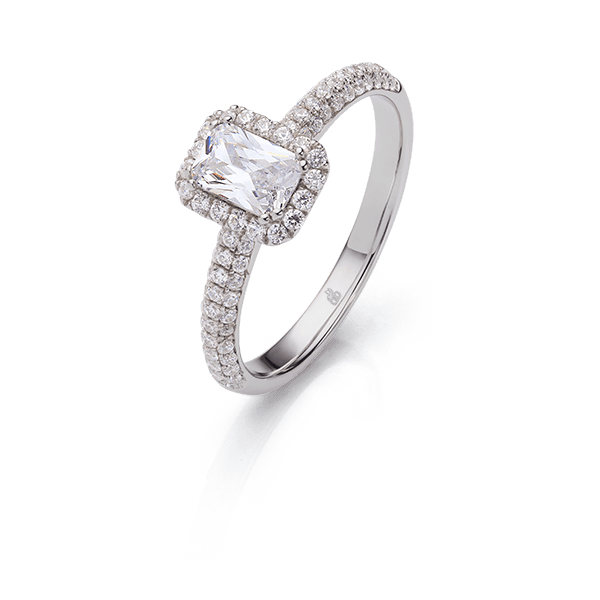 Weißgold-Verlobungsring mit rechteckigem Brillanten und Halo Ansicht 1