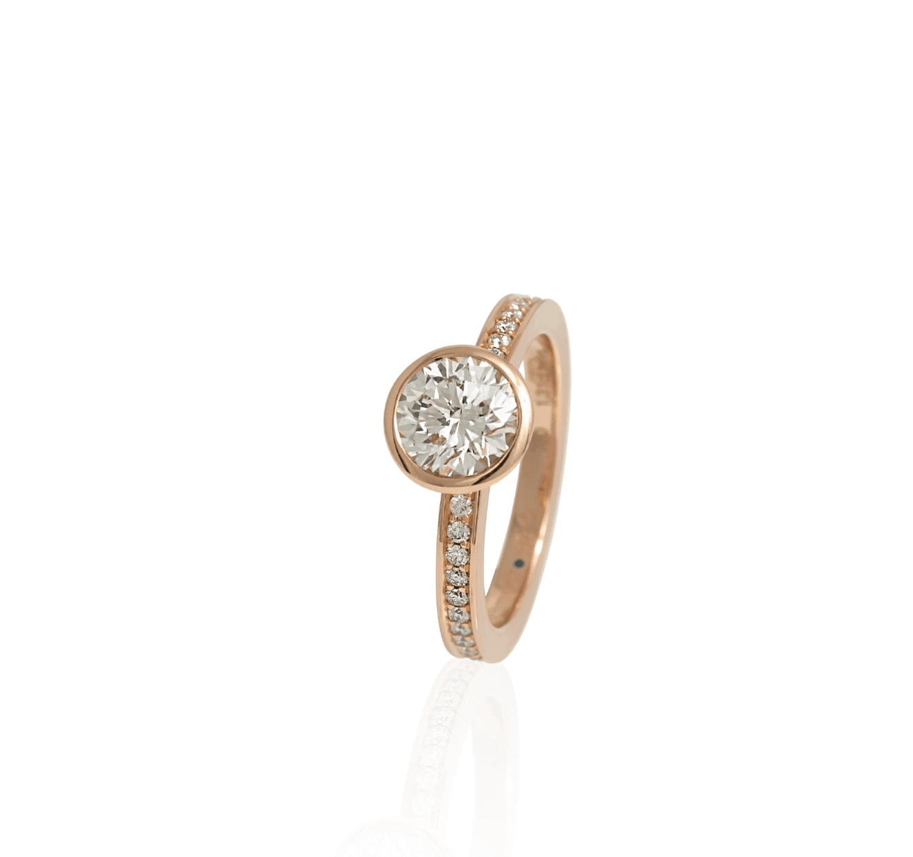 Brilliant Ringe mit aufgefasster Ringschiene und Zargenfassung Roségold