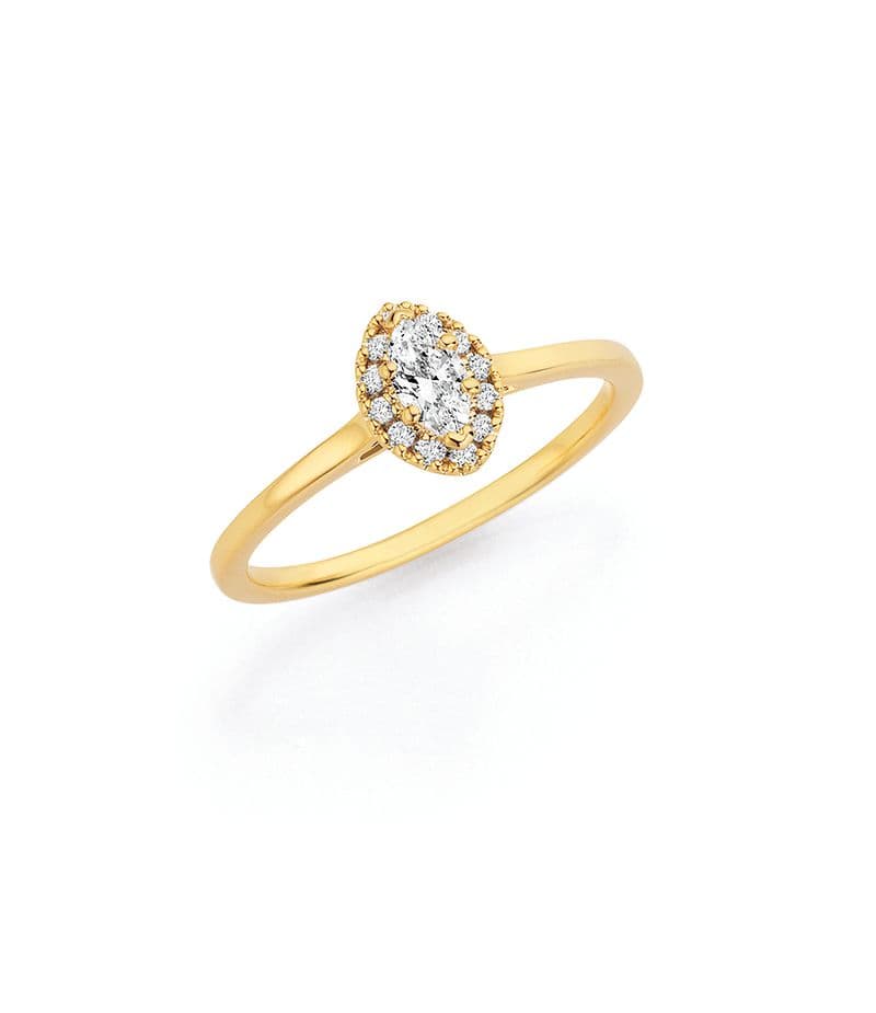 Gelbgold-Verlobungsring mit Marquise-Brillant und Halo von Juwelier Hartung