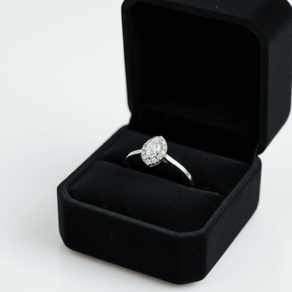 Gelbgold-Verlobungsring mit Marquise-Brillant und Halo von Juwelier Hartung