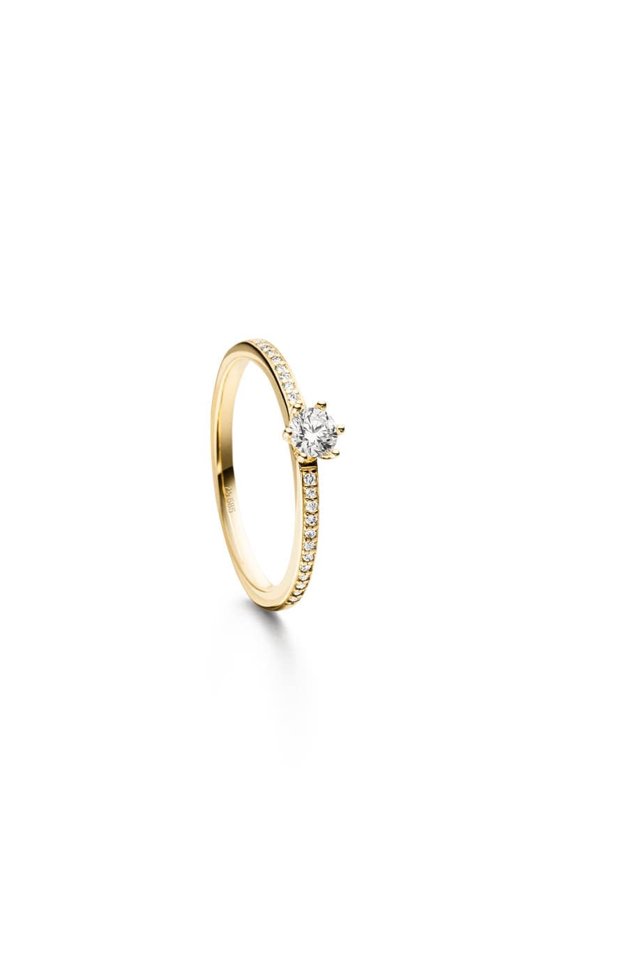 Solitärring in Gelbgold mit 6er-Krappenfassung und Diamantbesatz